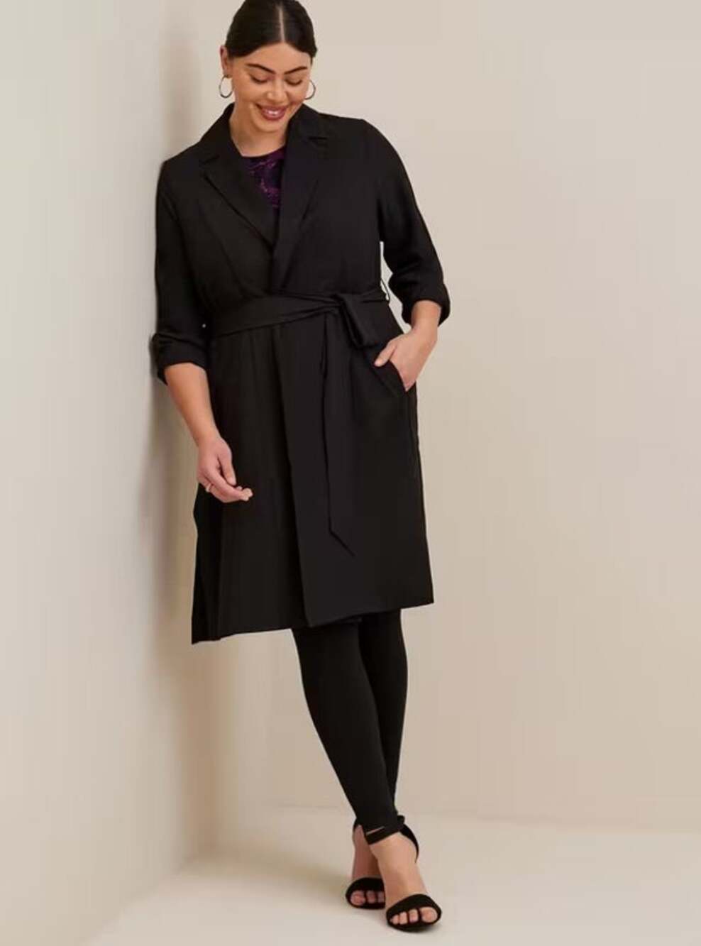 Torrid Black Crepe Draped Trench Coat Plus 2X Minimalist Fall Belted Waist